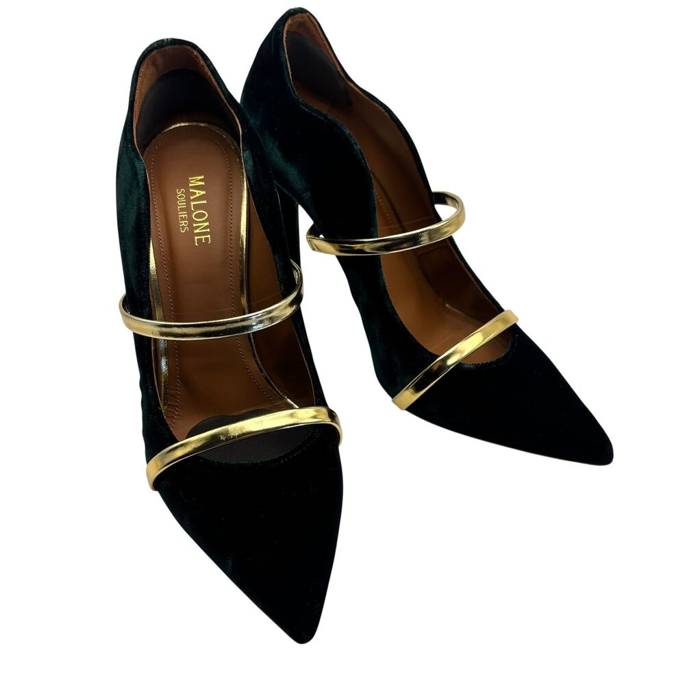Malone Souliers Green Velvet Heels Gold Bands Pointed Toe Stiletttos 38.5 8-8.5